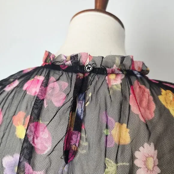 Johnny Was Floral Embroidered Black Mesh Short Sleeve Blouse Boho Whimsigoth - Picture 6 of 10